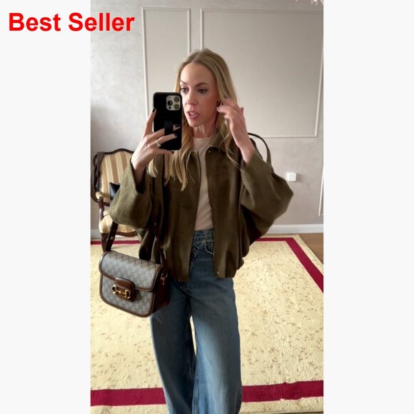 Faux Suede Bomber Jacket with Lapel Collar and Dolman Sleeves - Picture 7 of 7